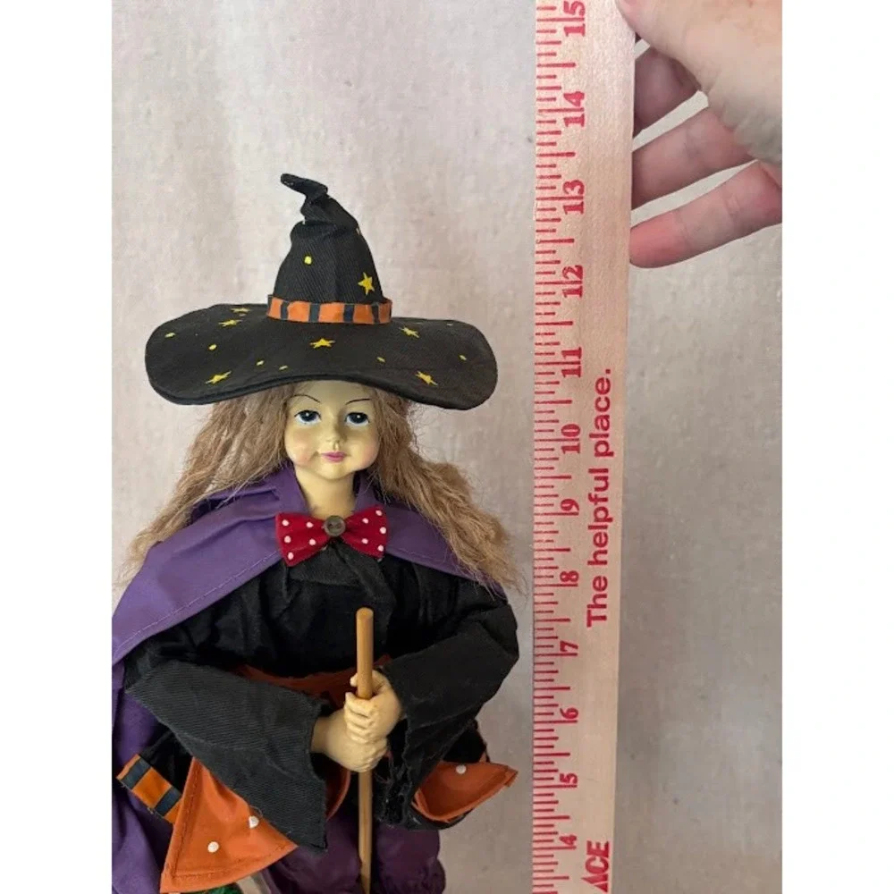 Vintage‎ Halloween Fabric Mache Witch Figurine with Broom, Ghost, and Pumpkin